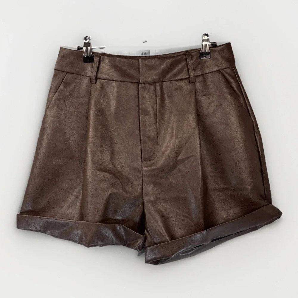 Vici Women's Faux Leather Shorts L Brown Ultra High Rise Cuffed Pleated Pockets